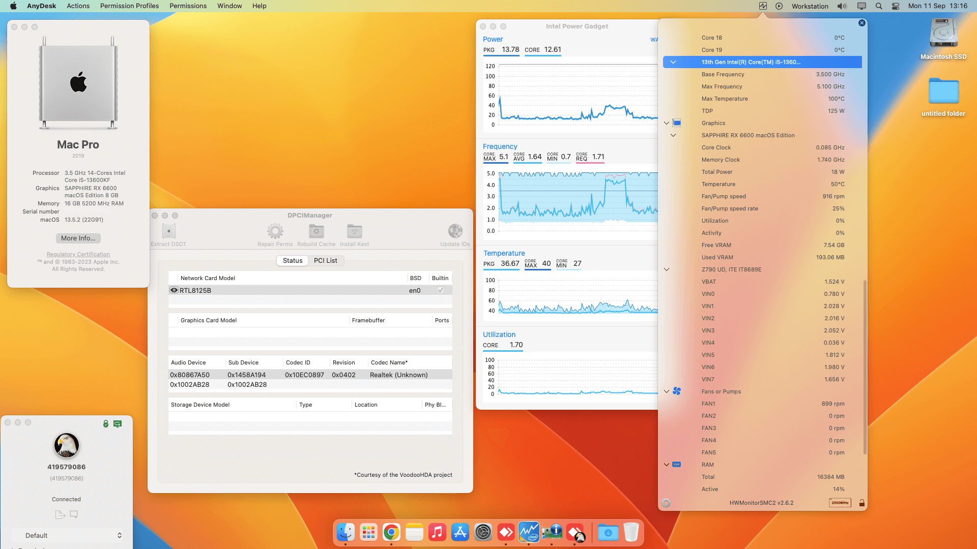 Success Hackintosh macOS Ventura 13.5.2 Build 22G91 in Gigabyte Z790 UD + Intel Core i5 13600KF + Sapphire RX 6600